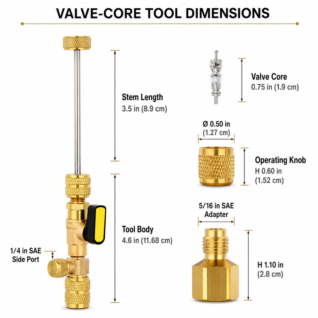 Dimensions of a valve-core removal tool, valve core, operating knob and adapter