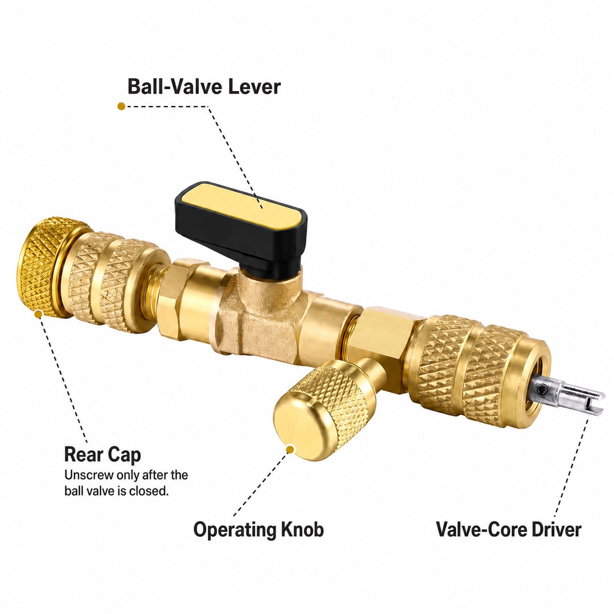 Operating knob, rear cap, ball-valve lever and valve-core driver