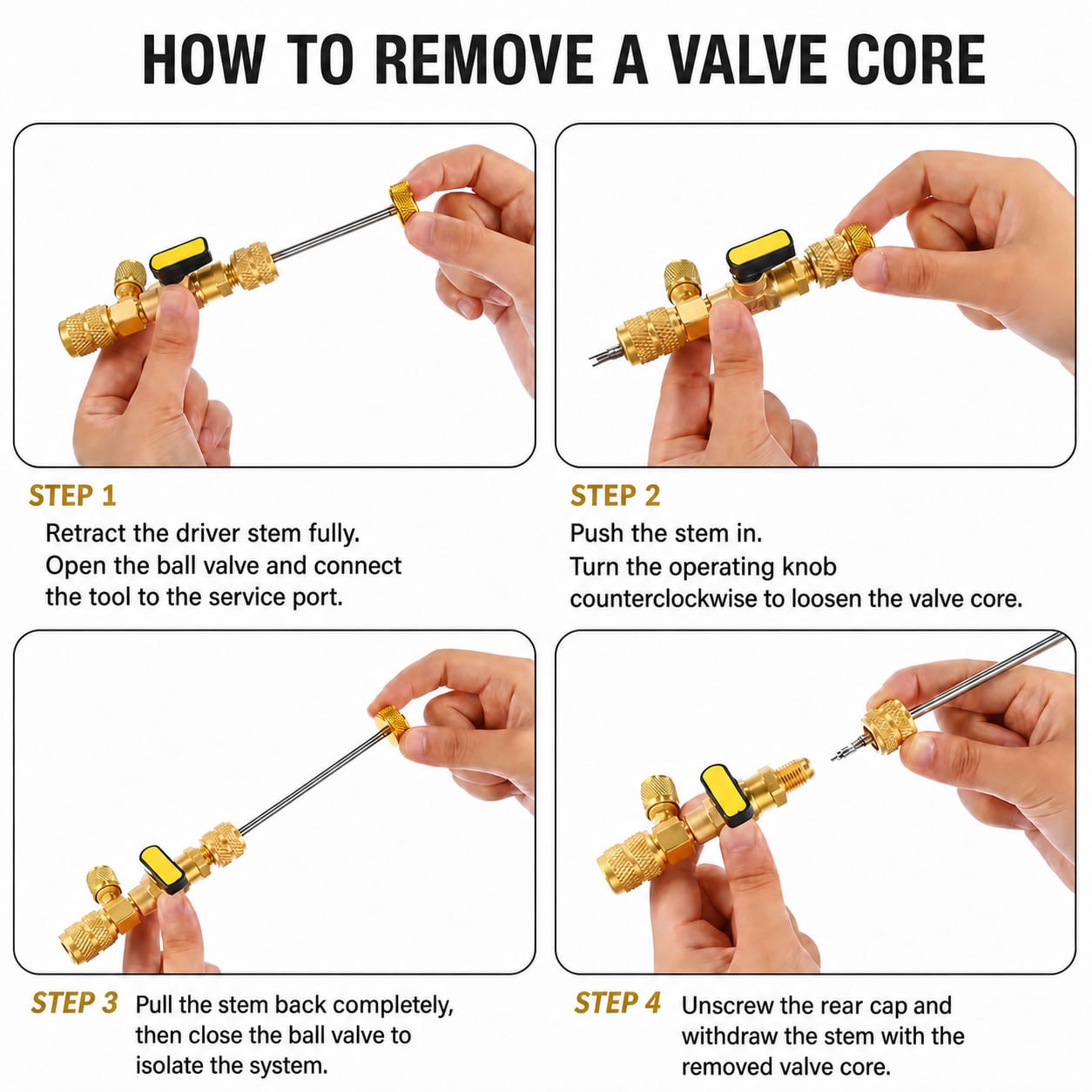 Four-step HVAC valve-core removal procedure