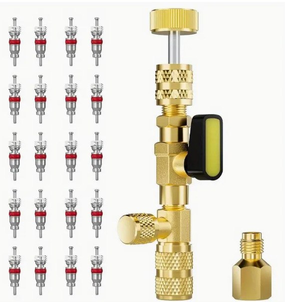 Valve-core removal tool beside multiple replacement valve cores