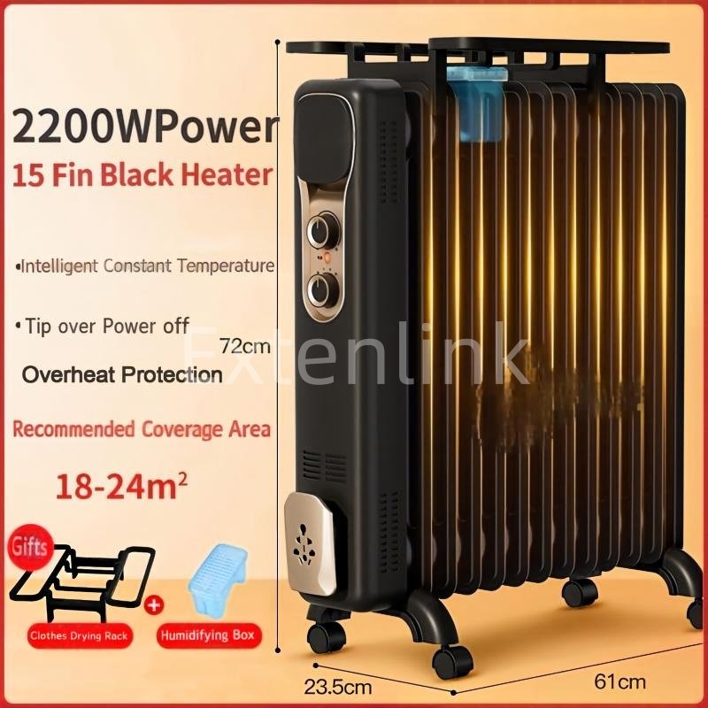 Black 15 Fins Smart Thermostat 2200W